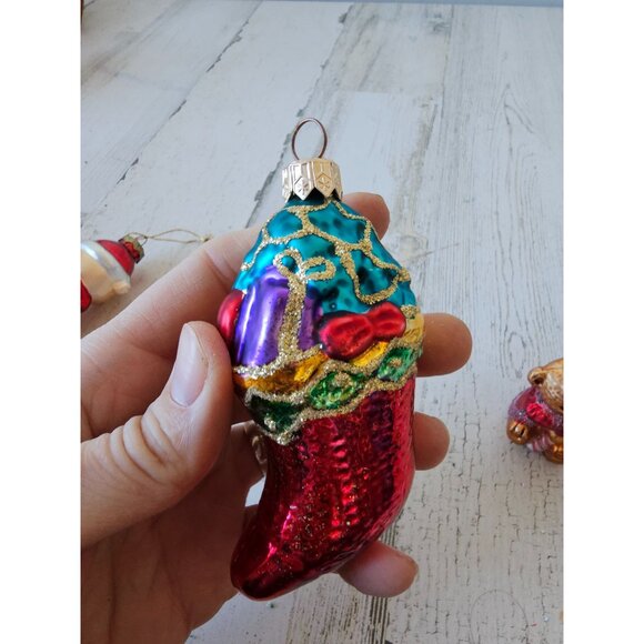 Vintage glass bear stocking ornament set presents glitter gold red Xmas tree - Picture 9 of 14